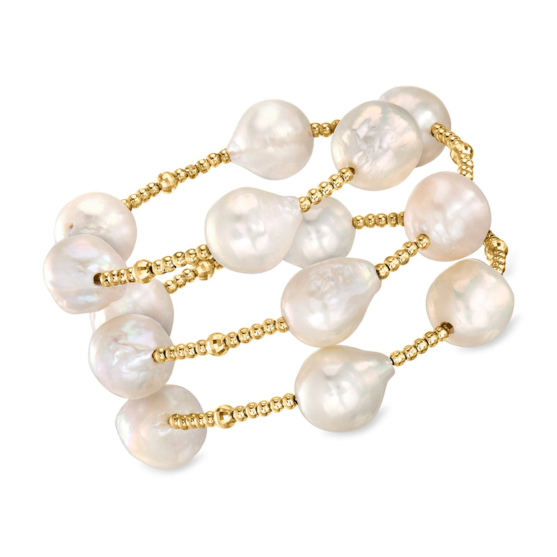 Baroque pearl and 14kt yellow gold beaded stretch bracelet with three coiled rows