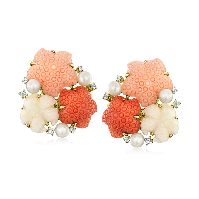 Clip-on earrings with textured coral starfish, cultured pearls, and small clear stones