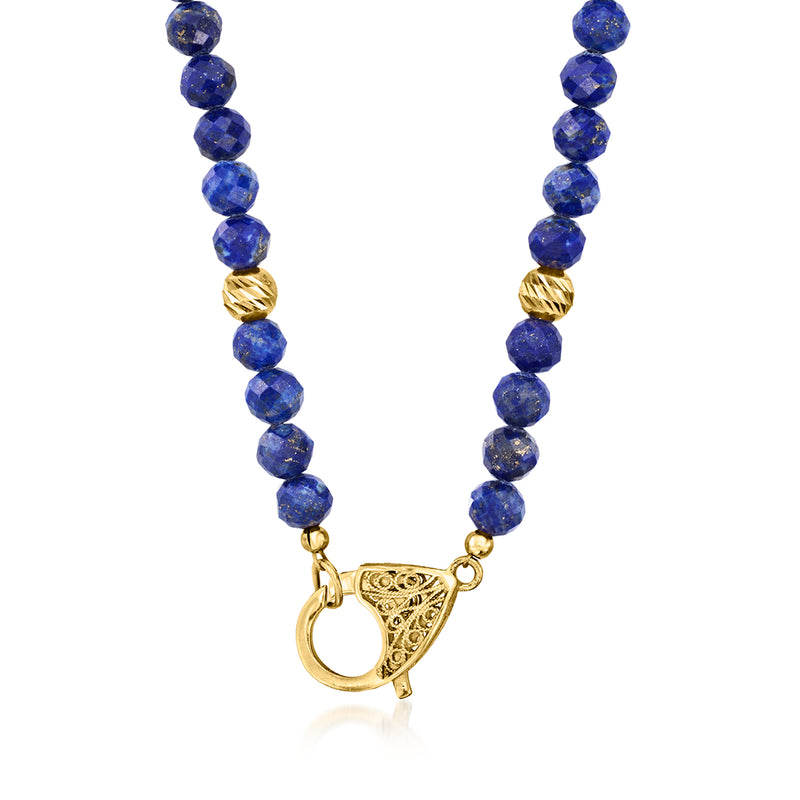 Lapis bead necklace with 18kt gold over sterling clasp and round blue gemstone beads