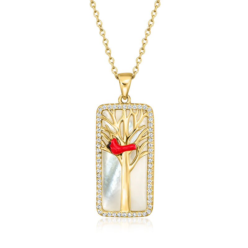 Cardinal pendant necklace with mother-of-pearl, white topaz, and enamel in gold tone