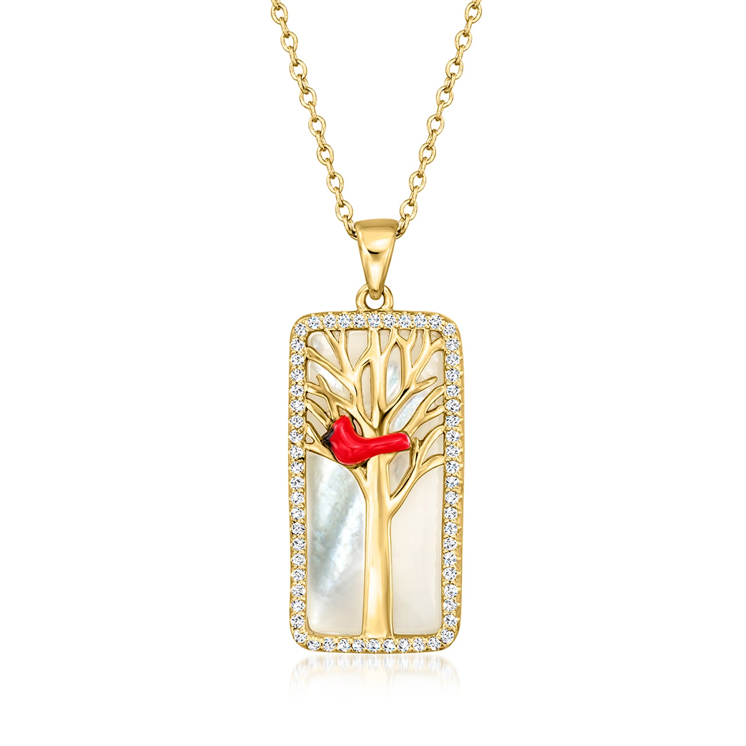 Mother-of-Pearl and .30 ct. t.w. White Topaz Cardinal Pendant Necklace with Multicolored Enamel in 18kt Gold Over Sterling