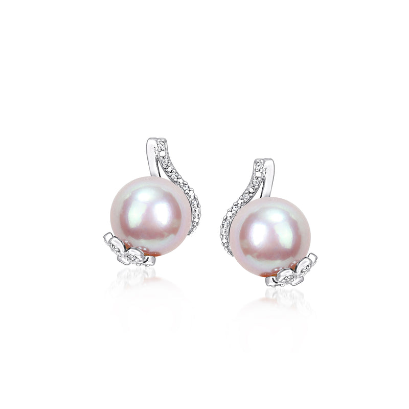 Sterling silver post earrings with pink cultured pearls and diamond swirl halo