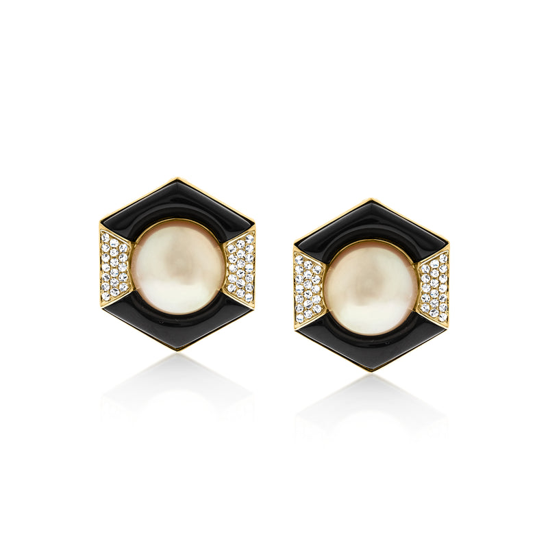 Onyx hexagon pearl stud earrings in 14kt yellow gold with diamond halo