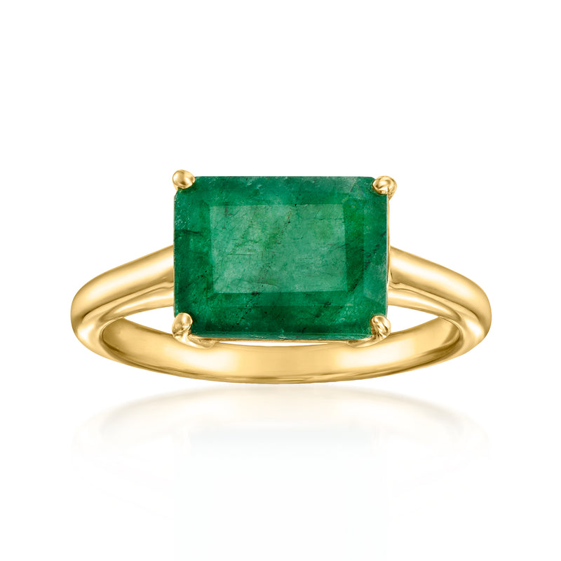 Gold ring with emerald-green square gemstone, east-west setting