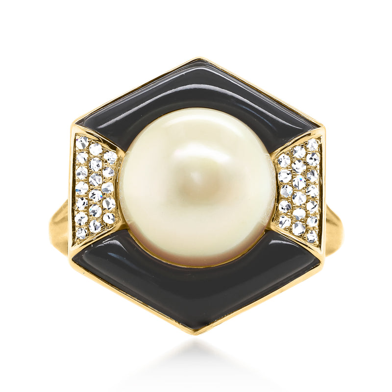 14kt yellow gold ring with large cream South Sea pearl, black enamel, and diamond accents