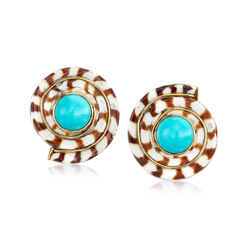 Gold-tone shell leopard-print spiral earrings with turquoise round center studs