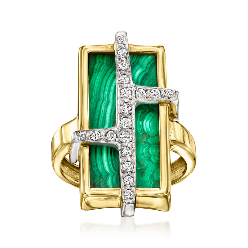 Two-tone gold ring with rectangular green malachite center and diamond-set cross
