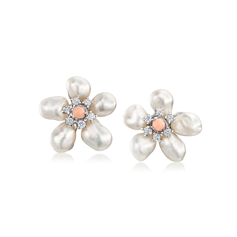Cultured baroque pearl flower earrings with pink coral center and diamond accents
