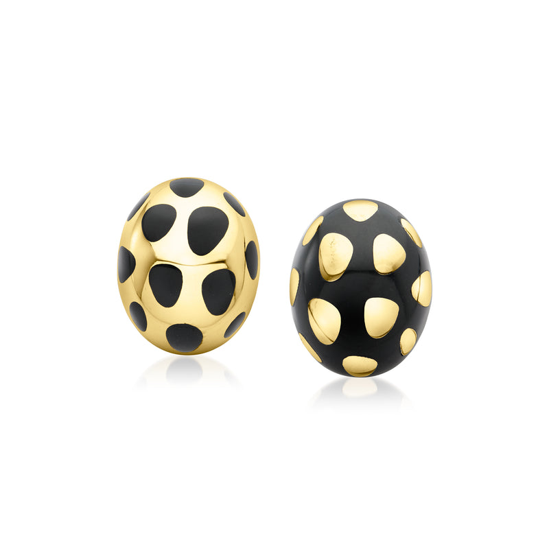 Mismatched oval black enamel earrings with gold dot inlays