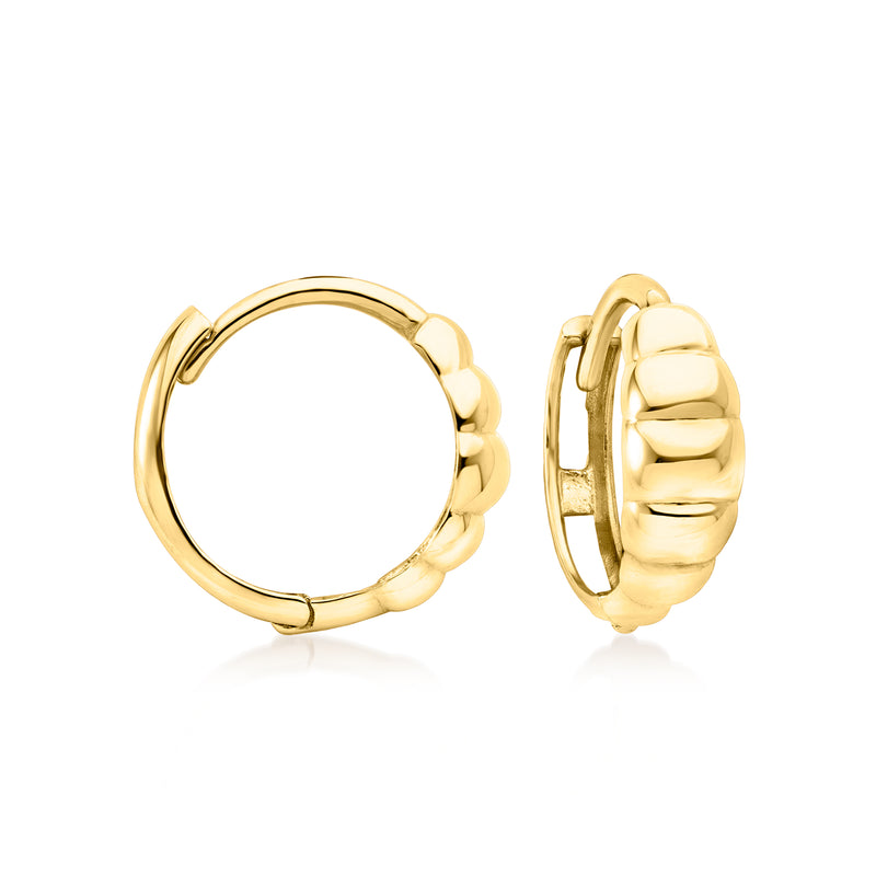 Ribbed 14kt yellow gold huggie hoop earrings with hinged clasp