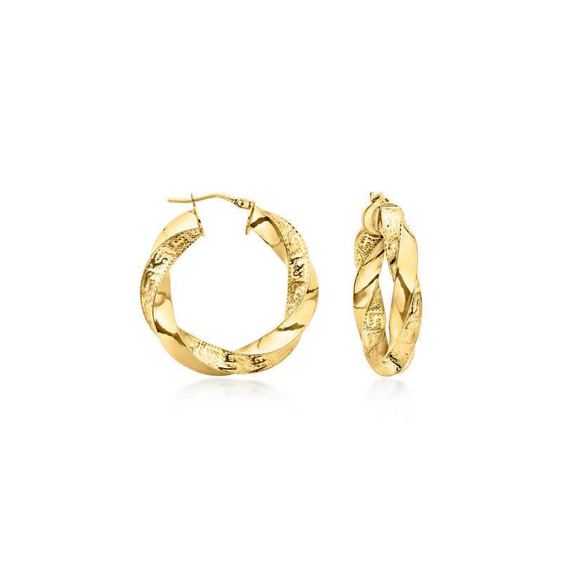 14kt yellow gold twisted Greek key hoop earrings, textured twisted hoop profile