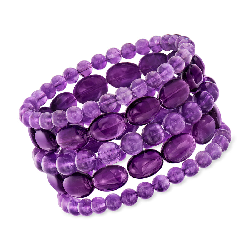 Amethyst bead stretch bracelet set: five purple bead strands, mixed round and oval beads
