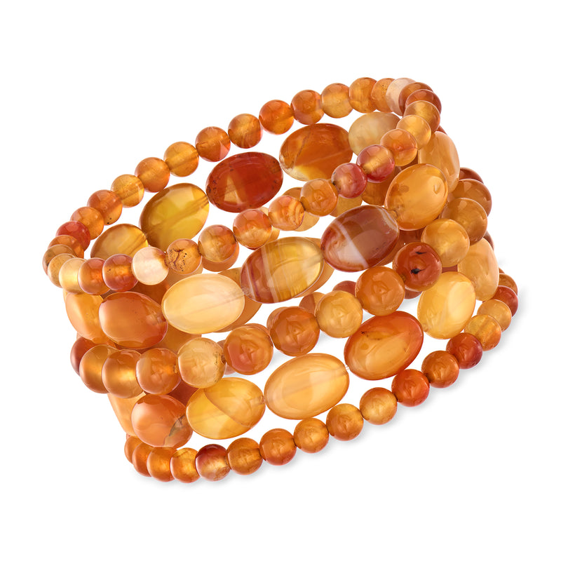 Orange agate bead stretch bracelet set with five stacked elastic bracelets