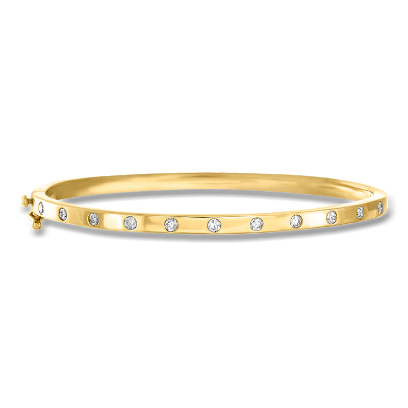 14kt yellow gold bangle bracelet with round diamond dotted row, hinged clasp