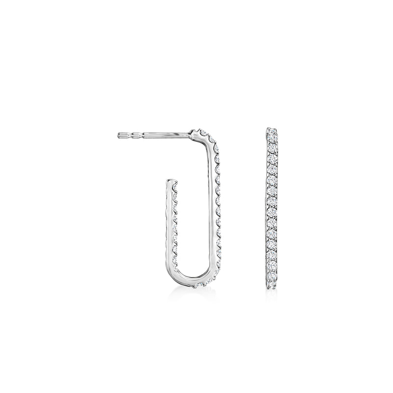Diamond paper clip hoop earrings in 14kt white gold, front and side view