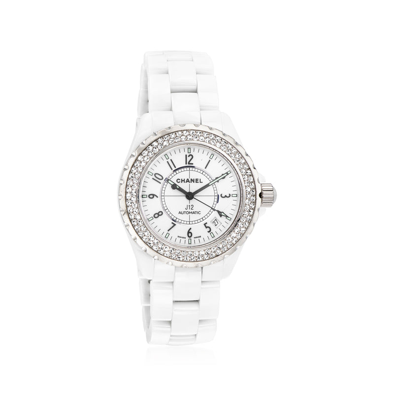 Vintage Chanel diamond bezel white ceramic watch with stainless steel case, round white dial