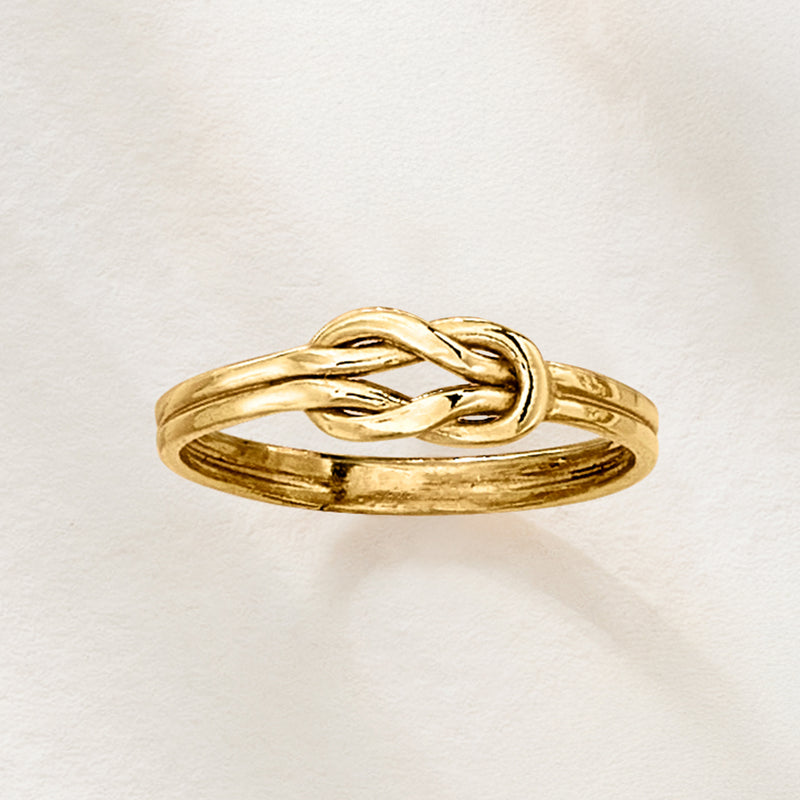 Gold over sterling knot ring, smooth wide band with intertwined knot detail