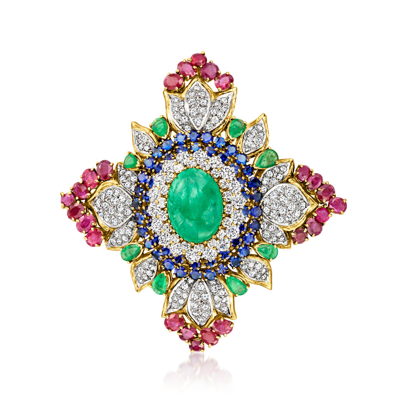 Vintage yellow gold pin with oval green center, blue halo, pink/green gemstones, diamond accents