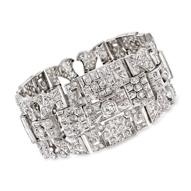 Vintage platinum wide geometric diamond bracelet with openwork links