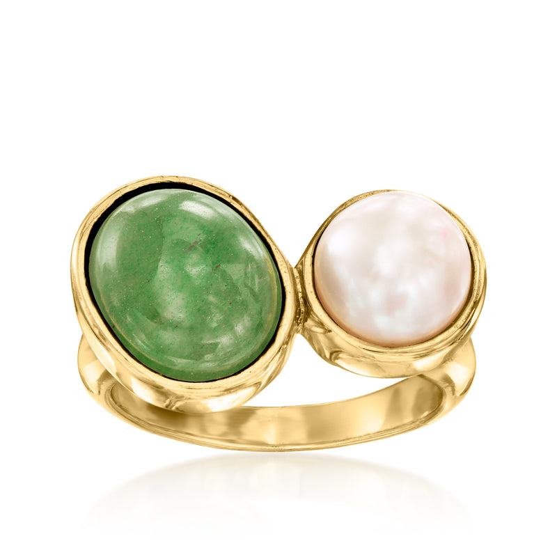 Toi et moi ring: oval green aventurine and white cultured pearl in gold setting