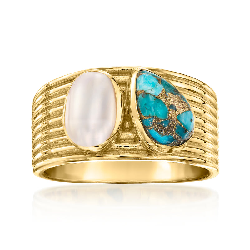 Gold two-stone ring with turquoise oval stone and white cultured pearl