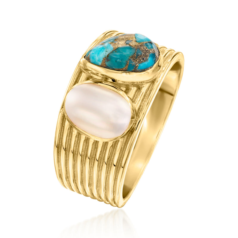 Gold ribbed two-stone ring with turquoise oval stone and white cultured pearl