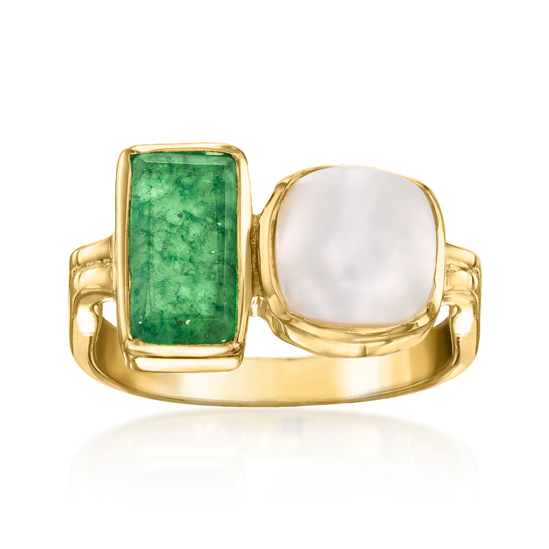 Toi et Moi ring with green square aventurine and white cultured pearl, gold tone