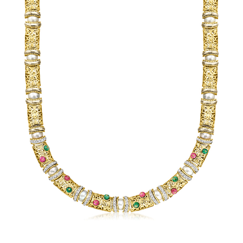 Two-tone gold pearl necklace with diamond accents and ruby, emerald, turquoise stones