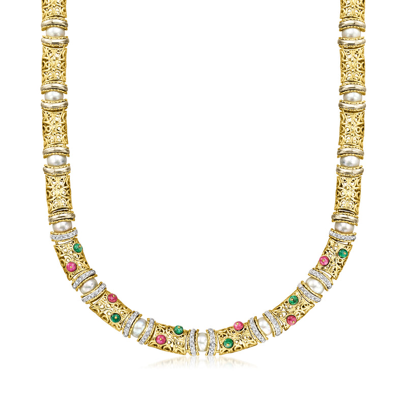 Two-tone gold pearl and multicolor gemstone necklace with evenly spaced round stones