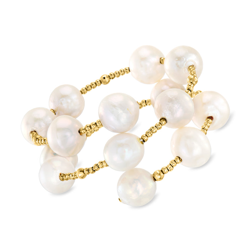 Two-row baroque pearl stretch bracelet with white pearls and 14kt yellow-gold bead links