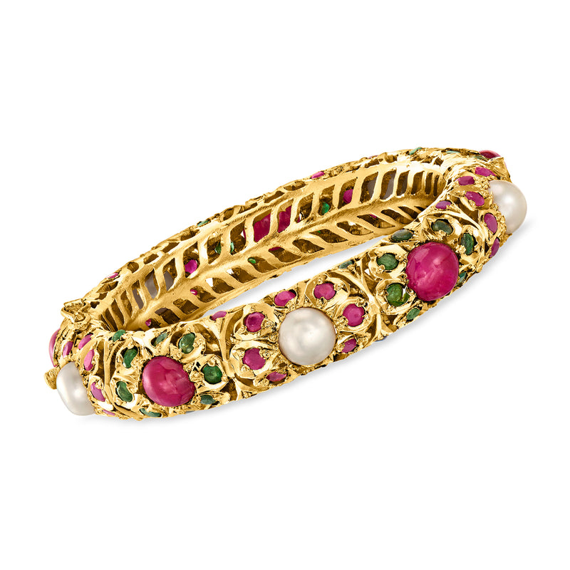 Gold-filled bangle bracelet with gold filigree, white pearls, purple and green gemstones
