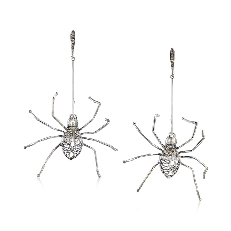 Spider drop earrings in 14kt white gold with brown and white diamonds