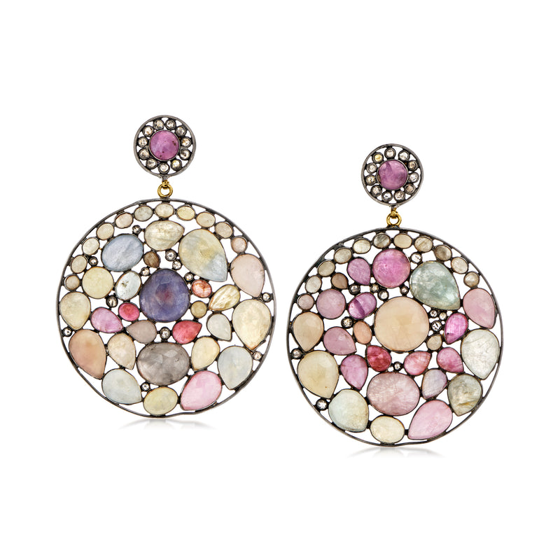 Gold-tone round disc drop earrings with multicolored gemstones and pink, blue, white stones