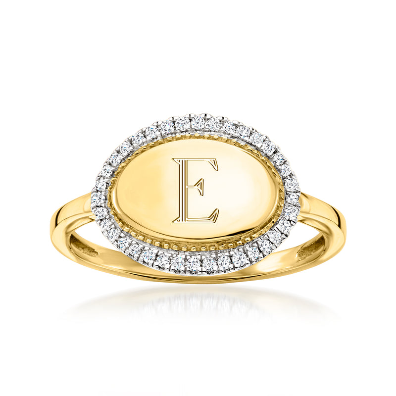 14kt yellow gold oval personalized monogram ring with diamond halo and polished band