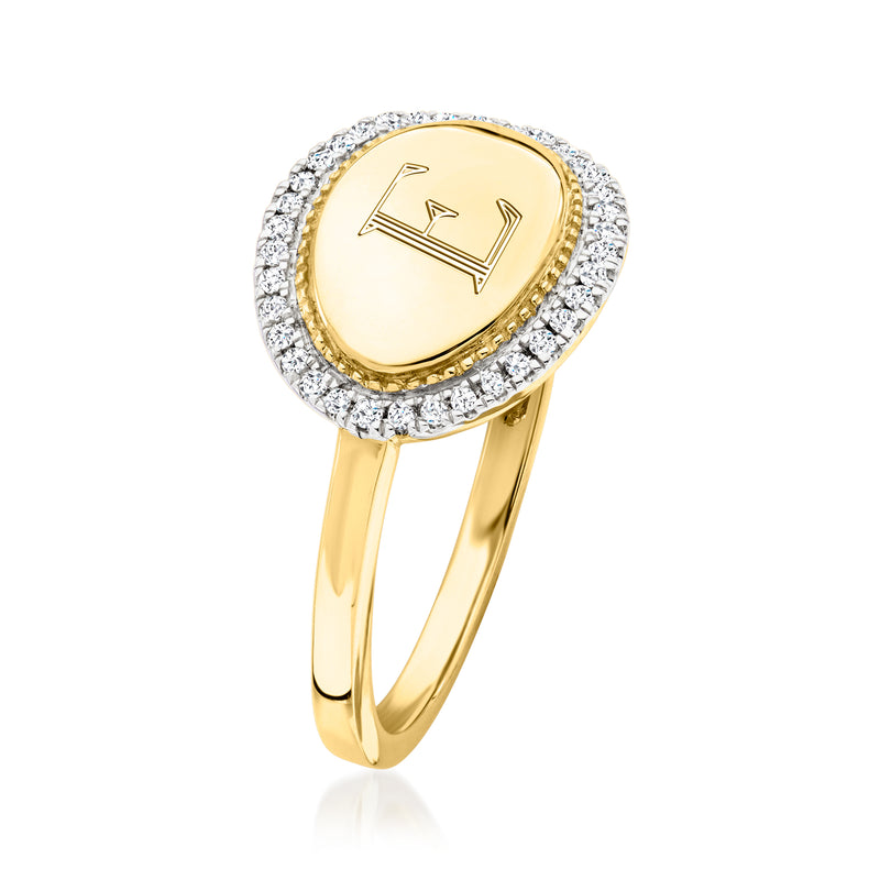 14kt yellow gold oval personalized monogram ring with diamond halo, angled view