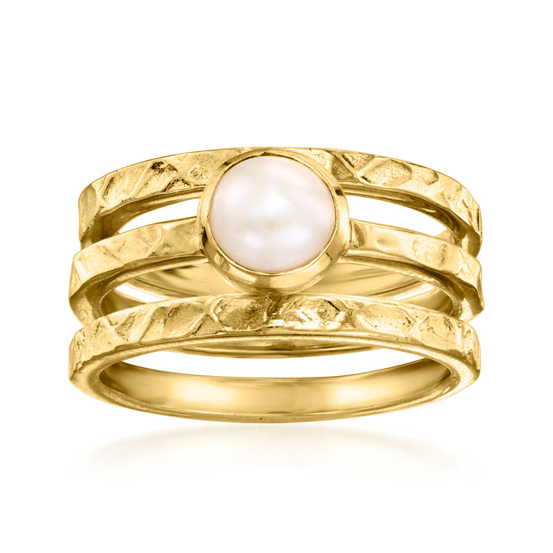 Stackable gold ring set with round white pearl and textured bands