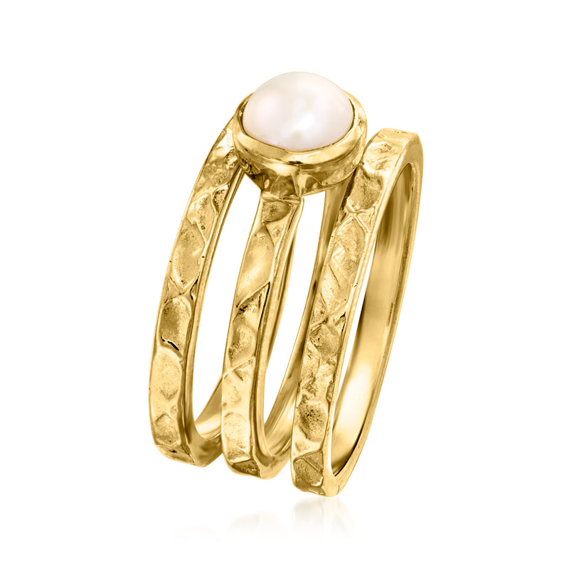 Gold stackable ring set with white round pearl center, hammered band texture