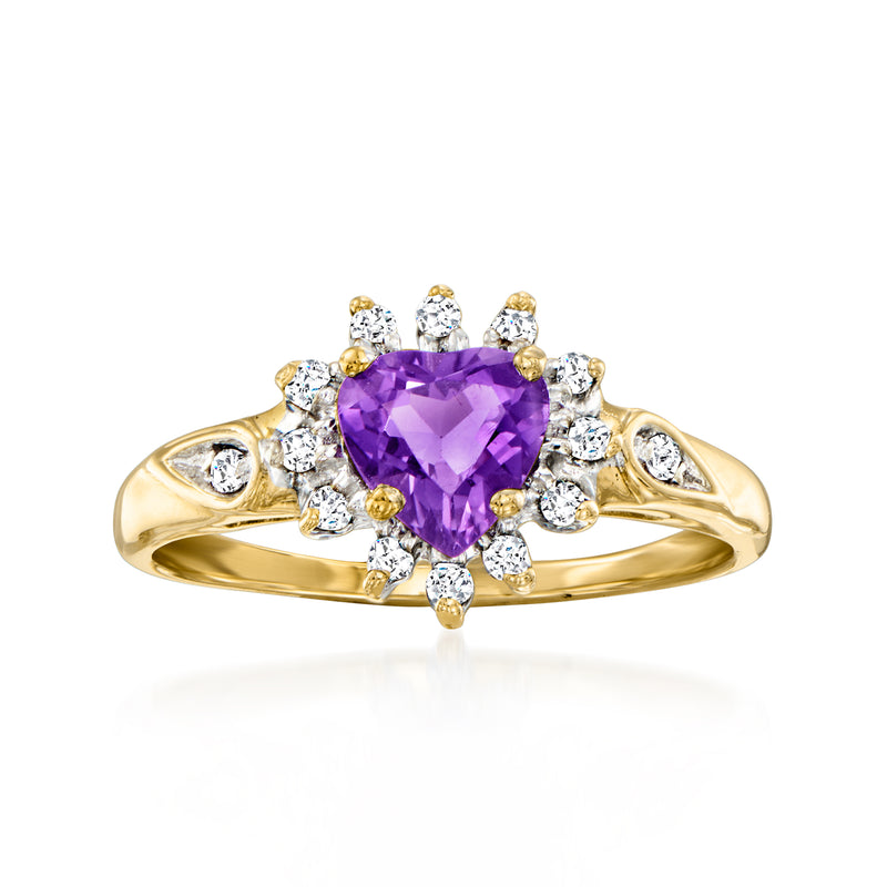 10kt yellow gold ring with heart-shaped amethyst center and diamond accents