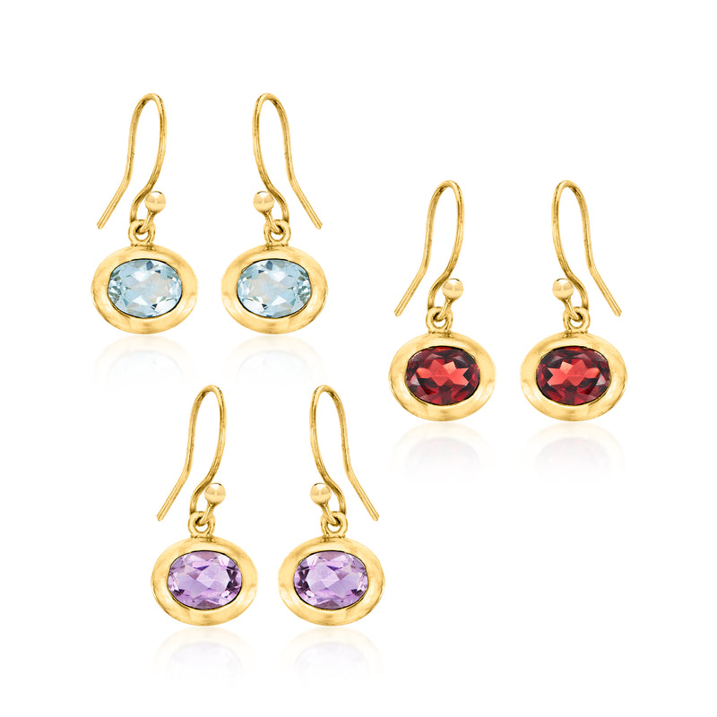18kt gold drop earring set with blue, red, and purple round gemstones, 3 pairs