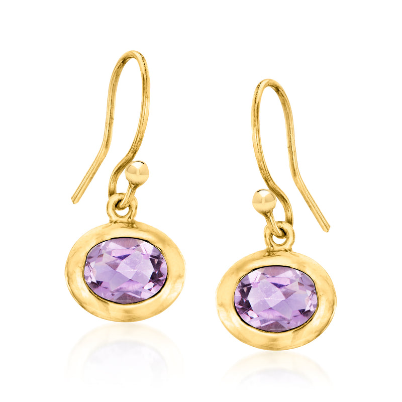 Gold drop earrings with light purple round gemstone in a halo-style setting