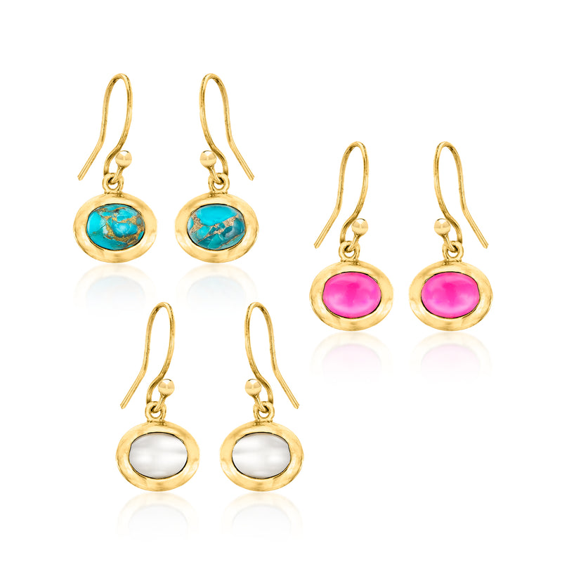 Gold-tone drop earring set: turquoise, pink, and white oval stones, three pairs