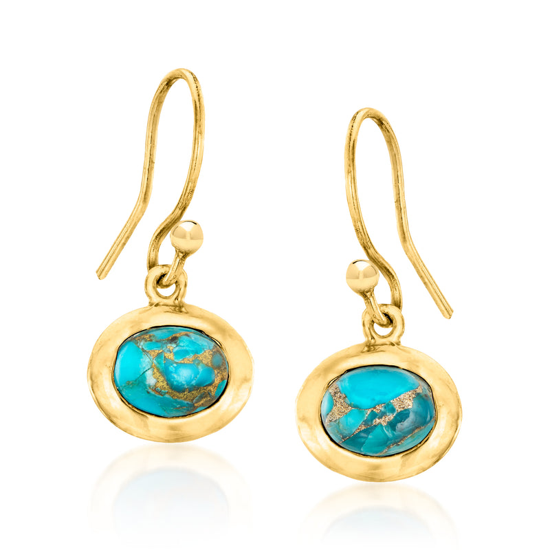 Gold-tone turquoise oval drop earrings with small chain dangle