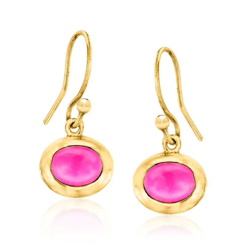 Gold-tone pink oval drop earrings with small chain dangle