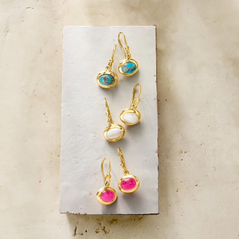 Gold-tone drop earring set on card: turquoise, pink, and white oval stones