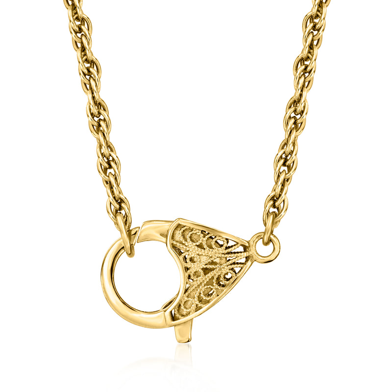 Gold rope-chain necklace with filigree teardrop centerpiece and lobster clasp