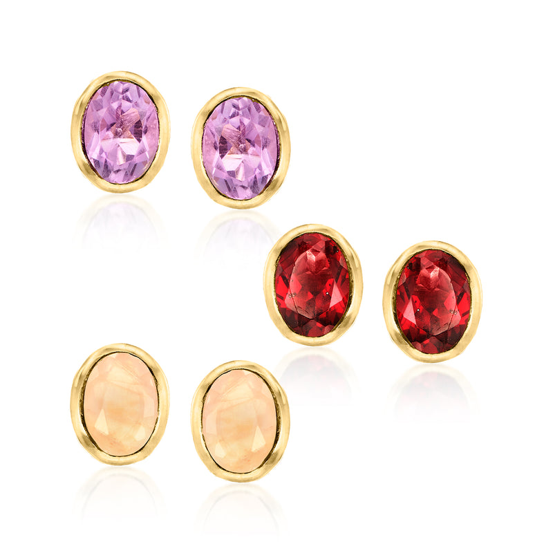 Multi-gem oval stud earring set, 18kt gold over sterling, six studs: pink, red, peach.