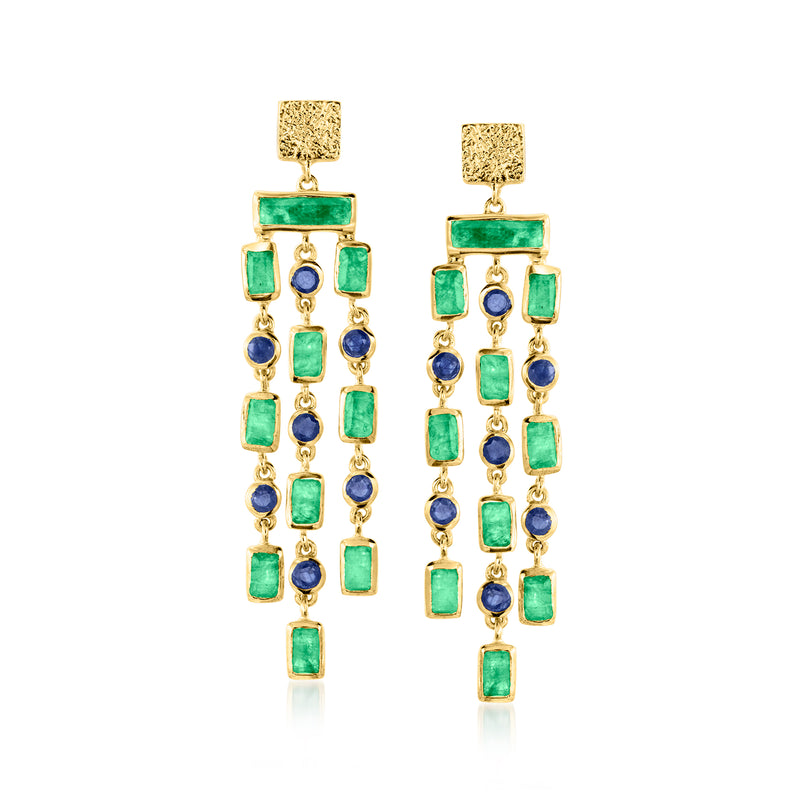Gold-tone drop earrings with green rectangular gemstones and blue round accents