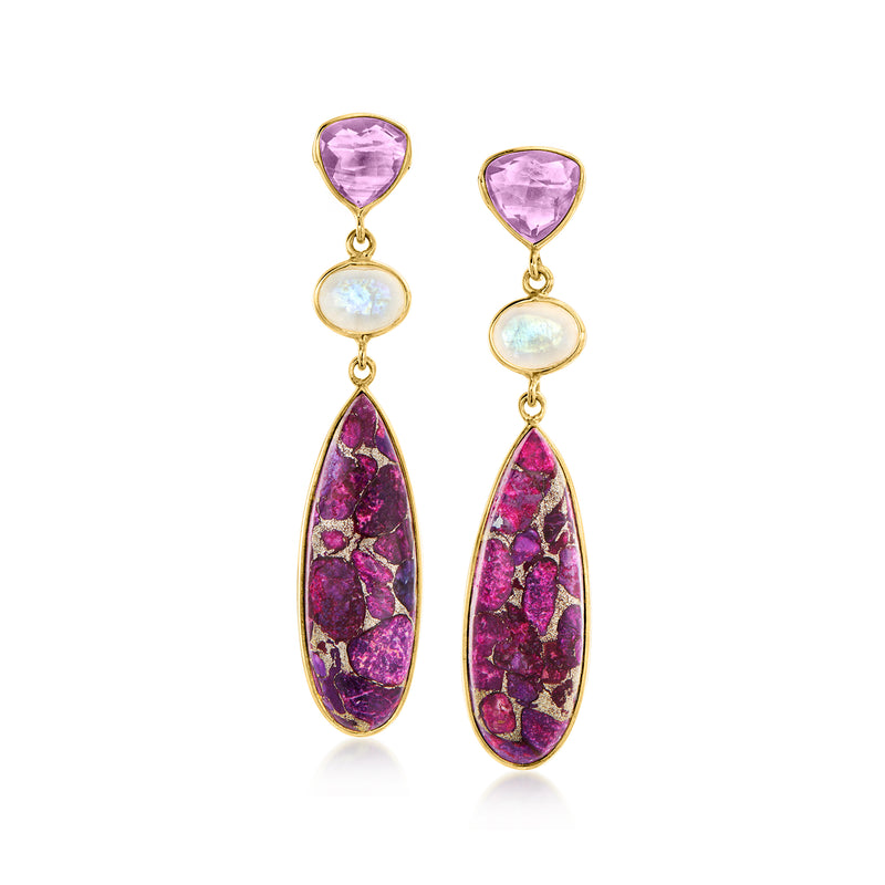 Gold-tone drop earrings with pink amethyst, opal-like oval, and druzy teardrop stones