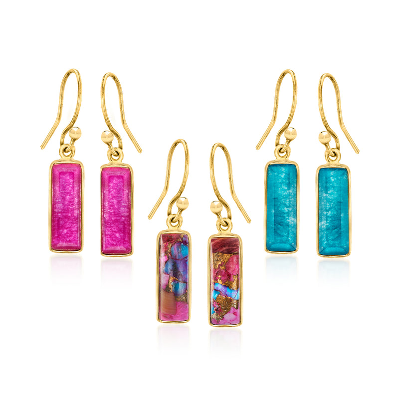 Gold-tone drop earring set with three pairs of rectangular pink, multicolor, and turquoise stones