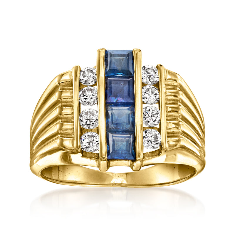 Vintage 18kt yellow gold ring with rectangular blue sapphire and diamond halo